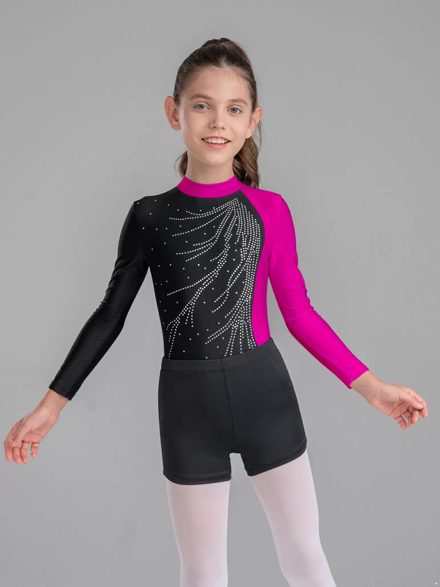 Body da ginnastica per ginnastica da ballo a maniche lunghe per bambina con set di pantaloncini