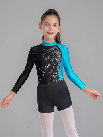 Justaucorps de gymnastique de danse à manches longues pour enfants filles avec ensembles de shorts