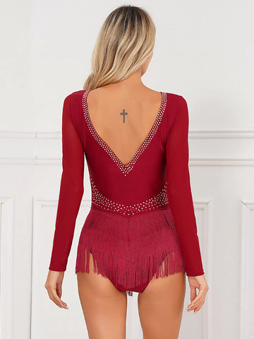 Women Sparkle Sequins Long Sleeve Latin Dance Dress Leotards