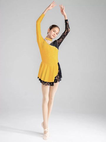 Kids Girls Lace Long Sleeve Figure Ice Skating Dance Dress Dancewear