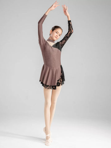 Kids Girls Lace Long Sleeve Figure Ice Skating Dance Dress Dancewear