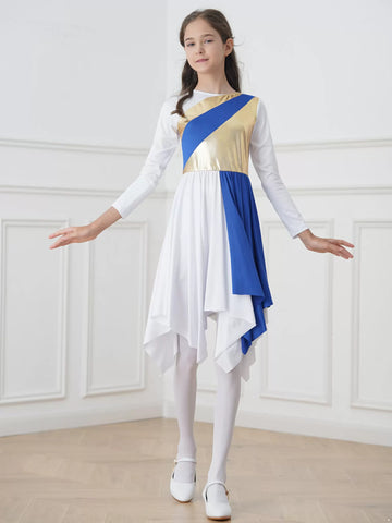 Kids Girls Long Sleeve Liturgical Praise Dance Dress Worship Costume