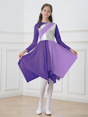 Kids Girls Long Sleeve Liturgical Praise Dance Dress Worship Costume