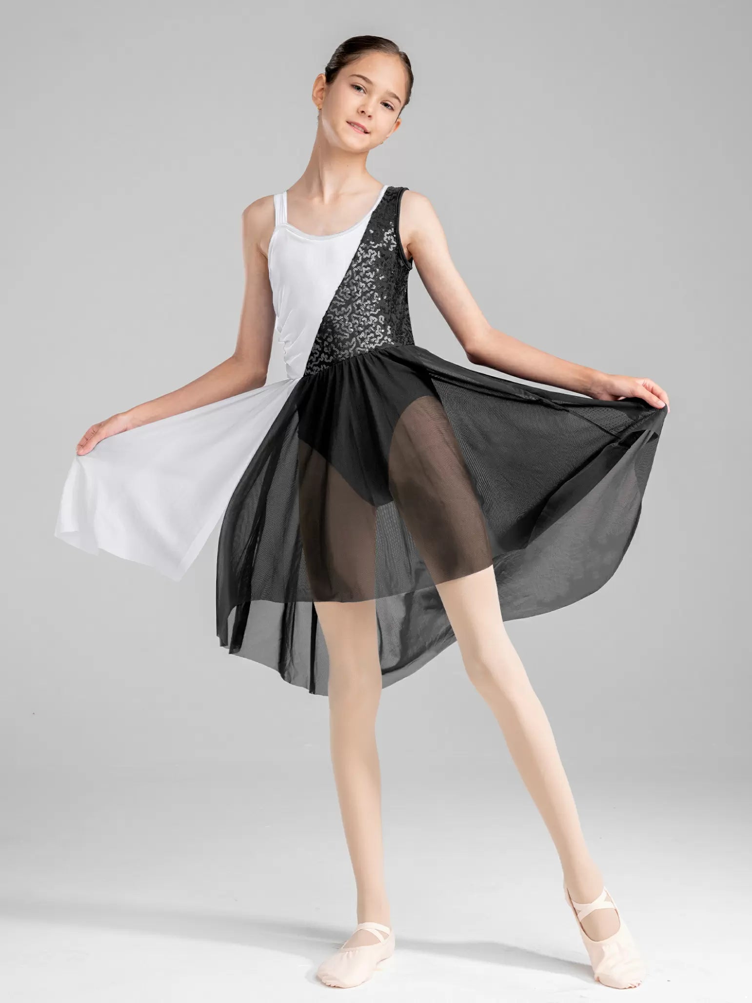 Robe de danse lyrique contemporaine sans manches à paillettes pour filles