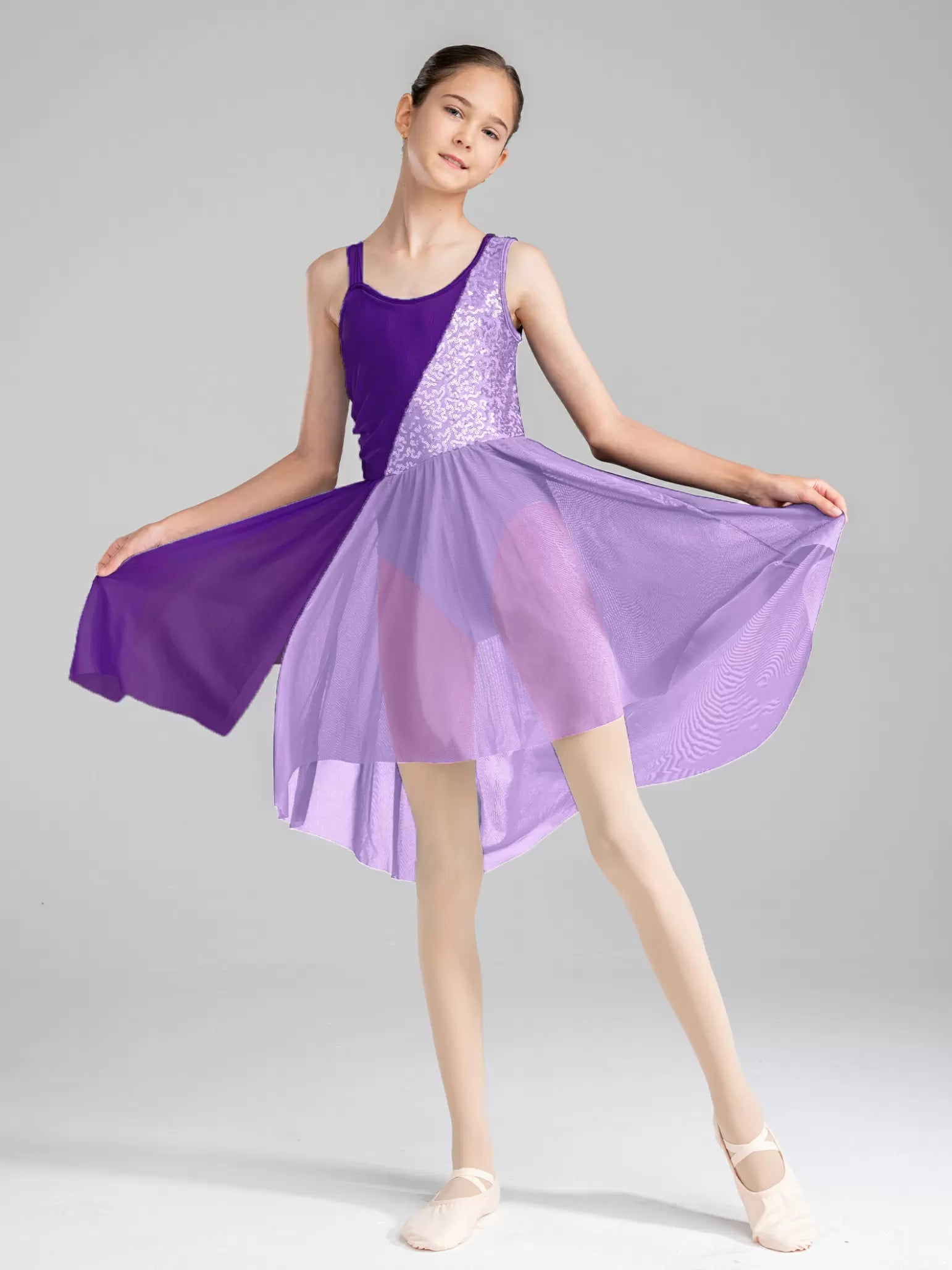 Girls Sequin Color Block Sleeveless Contemporary Lyrical Dance Dress