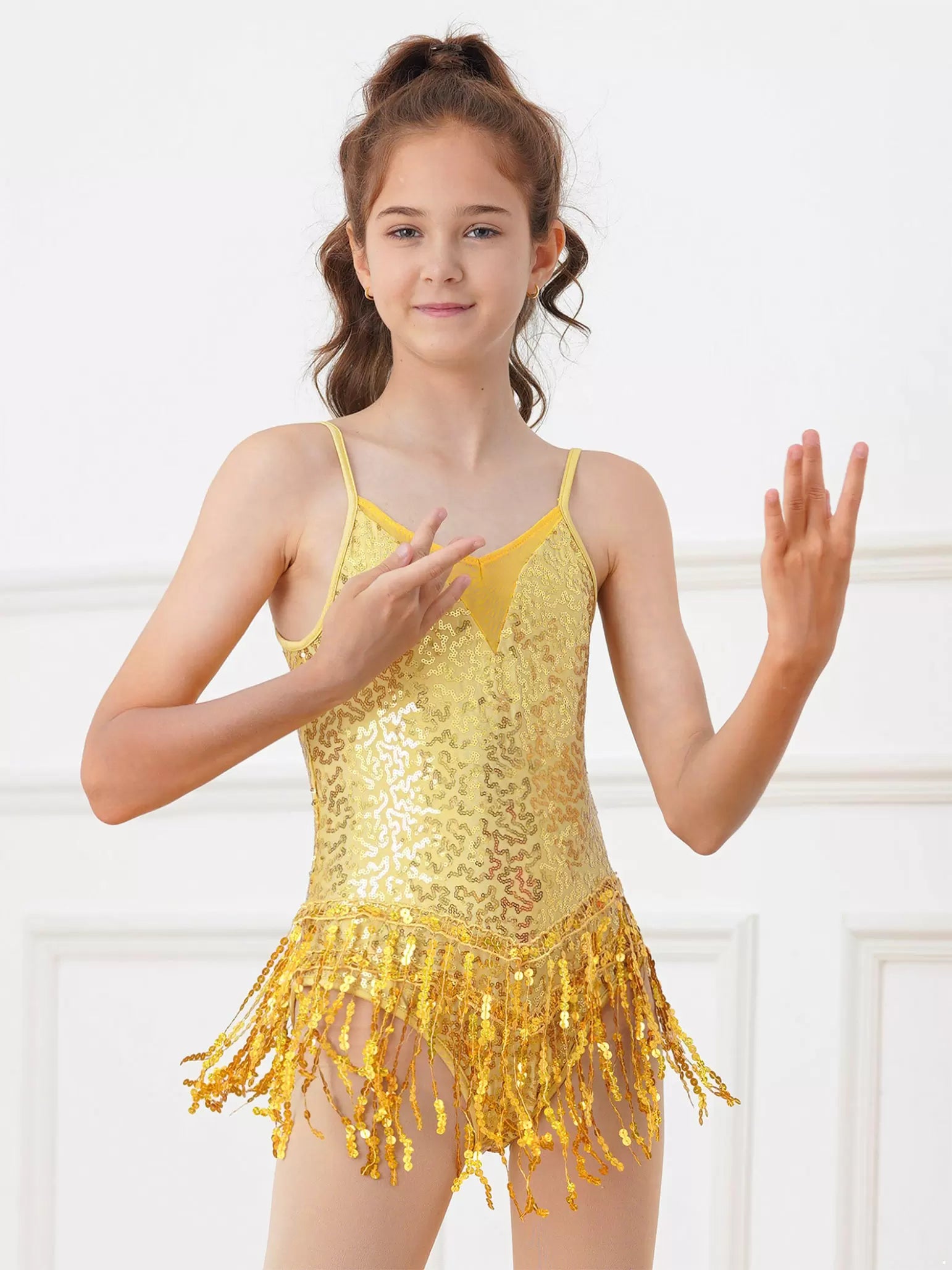 Kids Girls Sleeveless Sequins Tassel Latin Jazz Dance Dress Dancewear