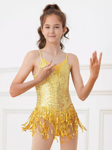 Abbigliamento da ballo per bambini e bambine, senza maniche, con nappe, paillettes, latino jazz