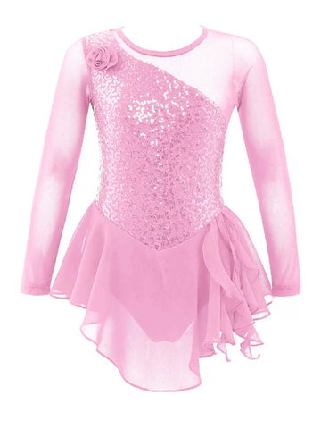 Kids Girls Long Sleeve Sequins Ballet Dance Dress Ballerina Costume