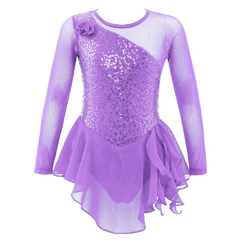 Kids Girls Long Sleeve Sequins Ballet Dance Dress Ballerina Costume