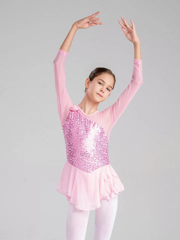 Kids Girls Long Sleeve Sequins Ballet Dance Dress Ballerina Costume