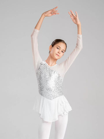 Kids Girls Long Sleeve Sequins Ballet Dance Dress Ballerina Costume