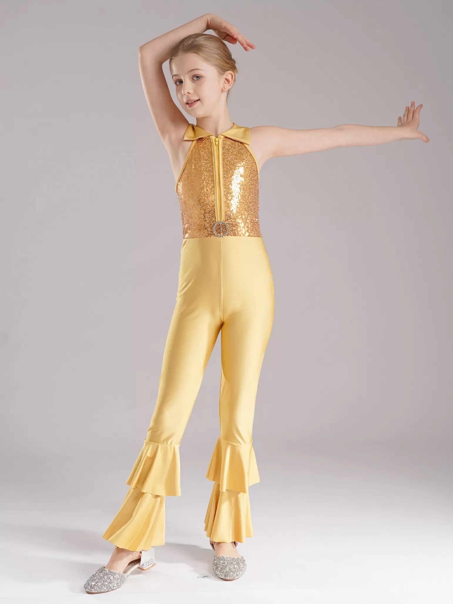 Kids Girls Sleeveless Sequins Tiered Bell-bottom Dance Unitards