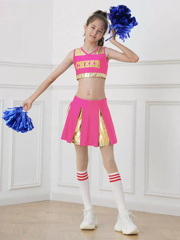 Kids Girls Letter Print Crop Top and Pleated Skirt Cheerleader Sets