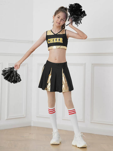 Kids Girls Letter Print Crop Top and Pleated Skirt Cheerleader Sets