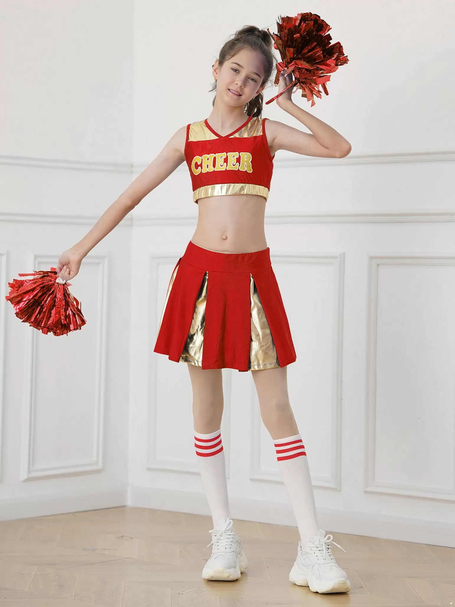 Set da cheerleader con top corto e gonna a pieghe per bambine e ragazze 