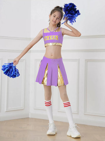 Kids Girls Letter Print Crop Top and Pleated Skirt Cheerleader Sets