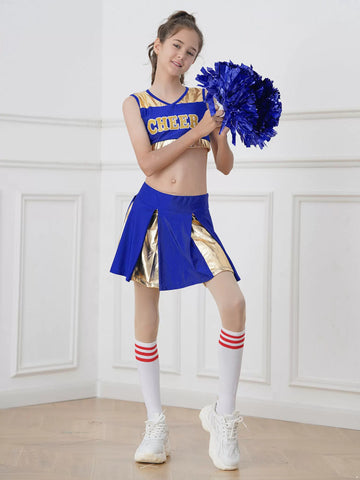 Kids Girls Letter Print Crop Top and Pleated Skirt Cheerleader Sets