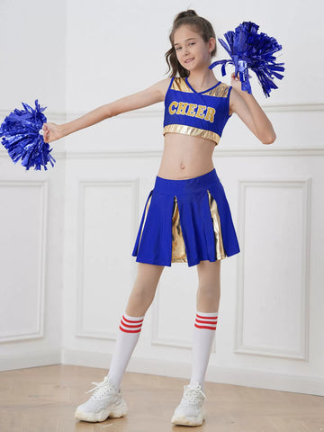 Kids Girls Letter Print Crop Top and Pleated Skirt Cheerleader Sets