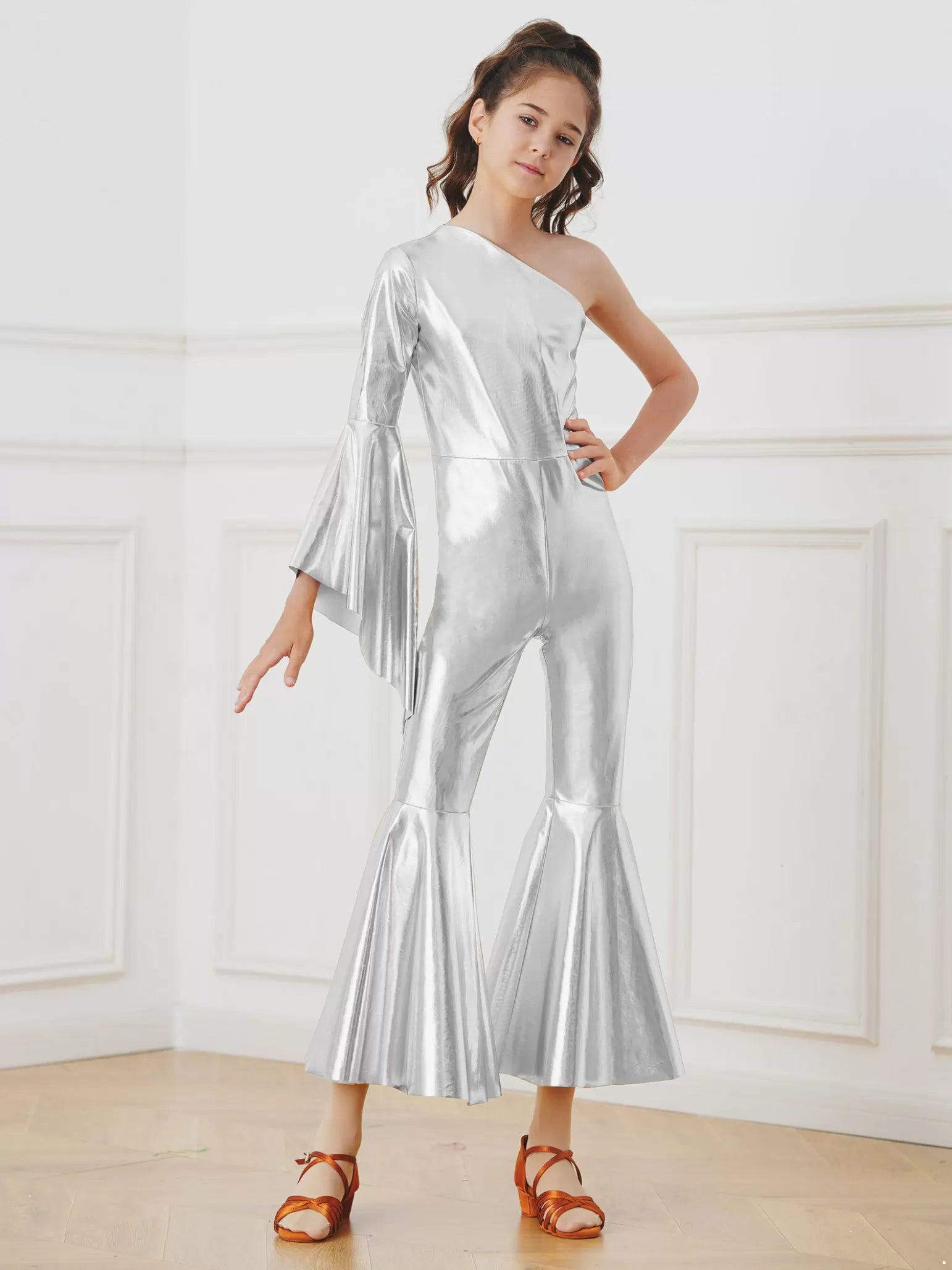 Kids Girls Glossy Metallic Bell-Bottom One Shoulder Dance Jumpsuit