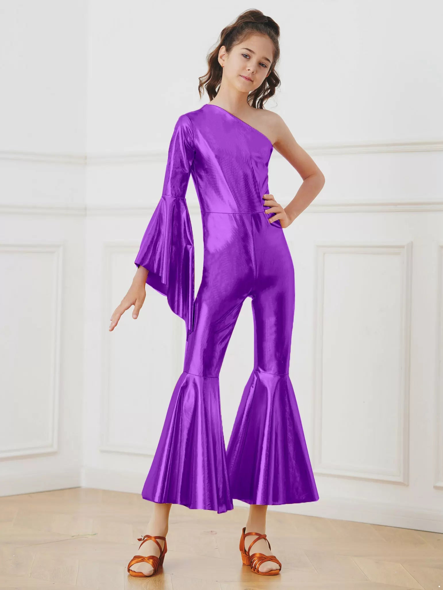 Kids Girls Glossy Metallic Bell-Bottom One Shoulder Dance Jumpsuit