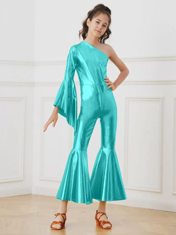 Kids Girls Glossy Metallic Bell-Bottom One Shoulder Dance Jumpsuit