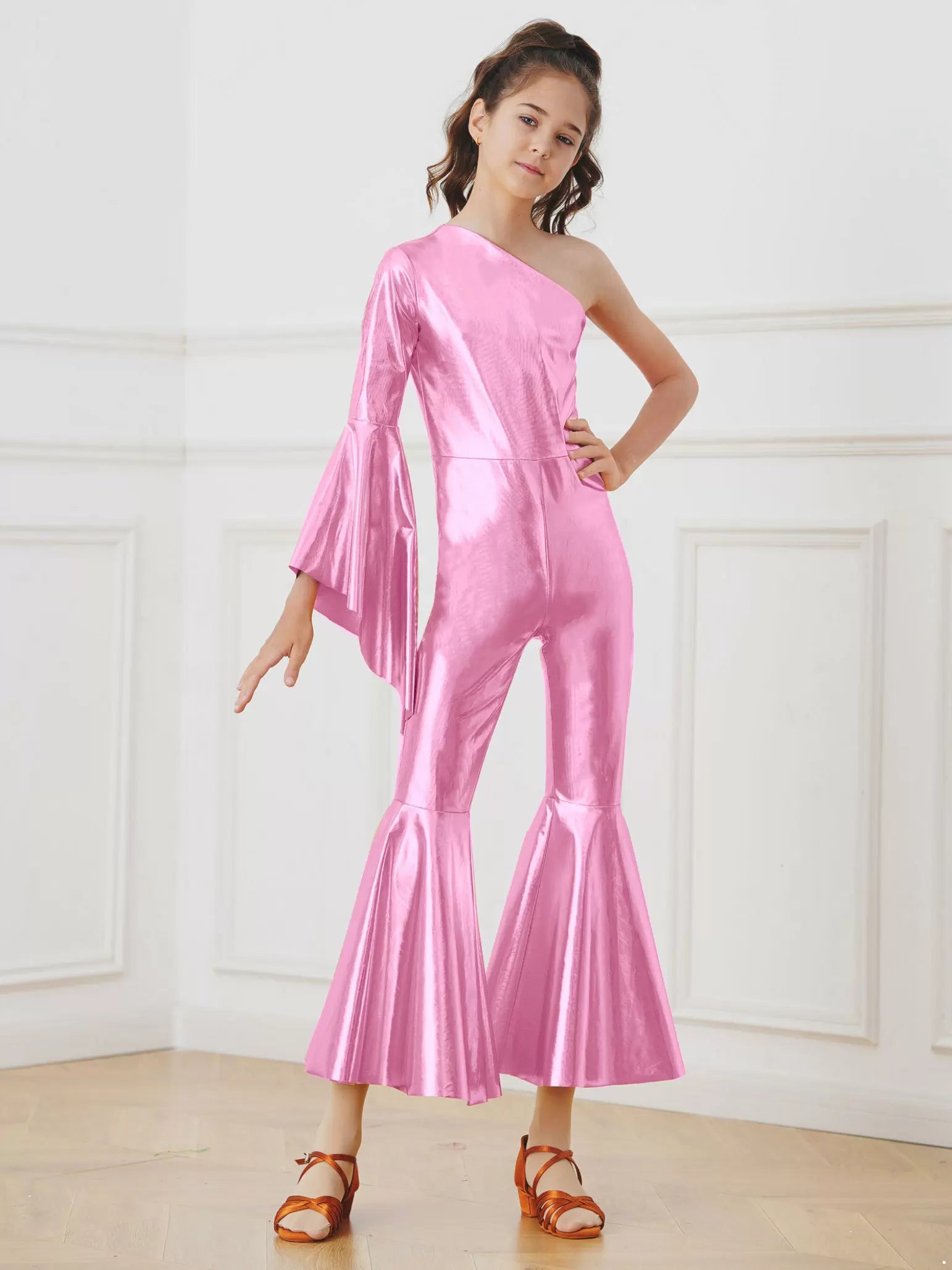 Kids Girls Glossy Metallic Bell-Bottom One Shoulder Dance Jumpsuit