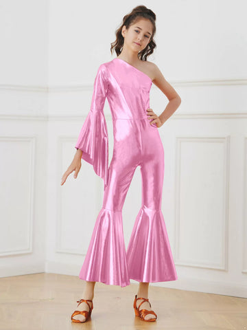 Kids Girls Glossy Metallic Bell-Bottom One Shoulder Dance Jumpsuit