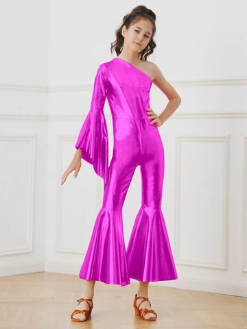 Kids Girls Glossy Metallic Bell-Bottom One Shoulder Dance Jumpsuit