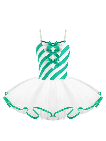 Kids Girls Christmas Sleeveless Bowknot Stripes Mesh Tutu Dress