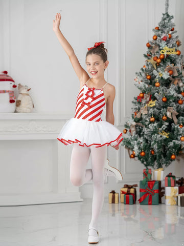 Kids Girls Christmas Sleeveless Bowknot Stripes Mesh Tutu Dress