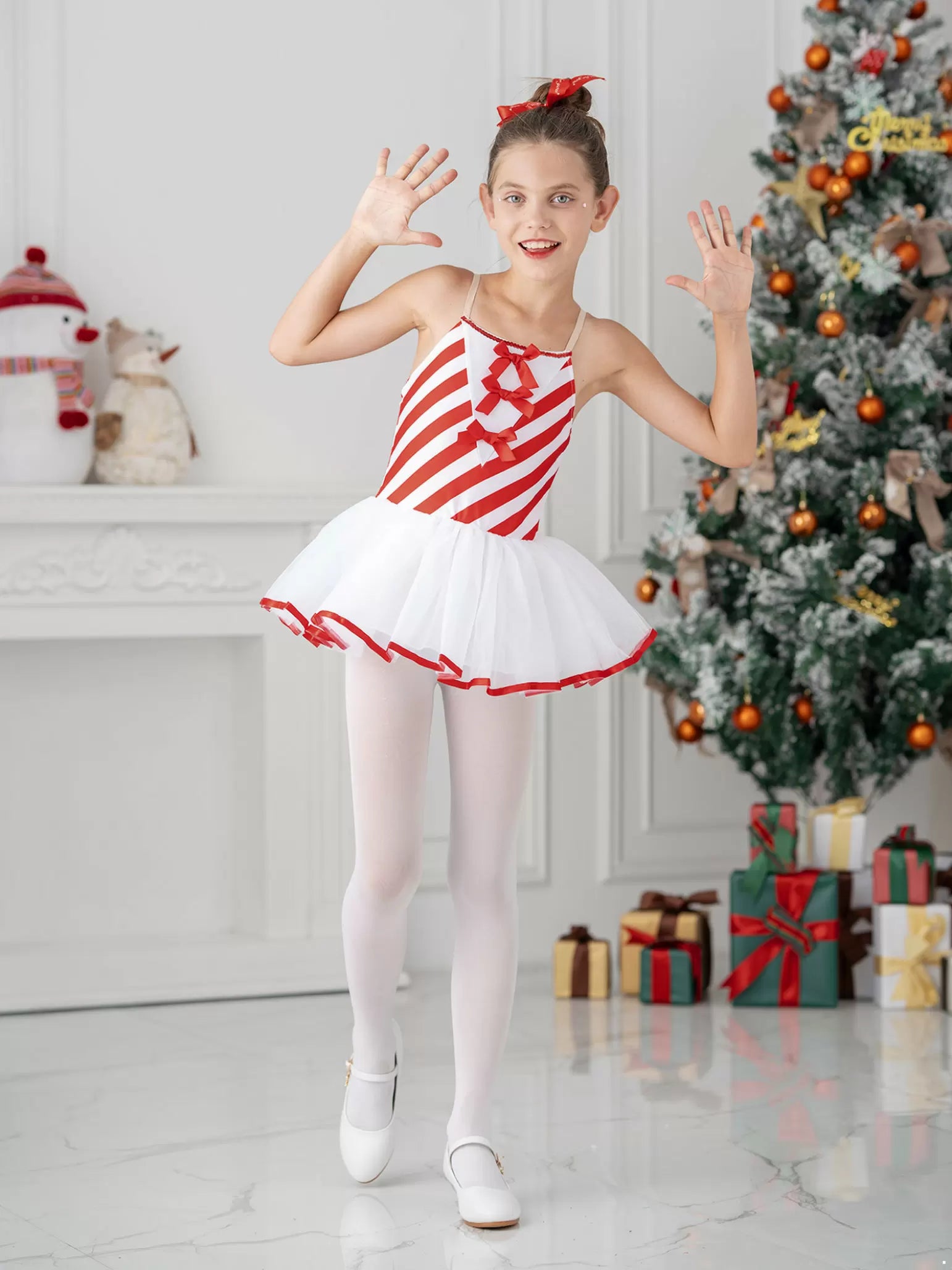 Kids Girls Christmas Sleeveless Bowknot Stripes Mesh Tutu Dress