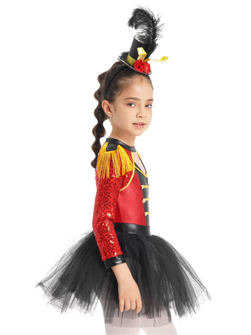 Kids Girls Long Sleeve Sequin Tutu Skirt Magician Circus Dress