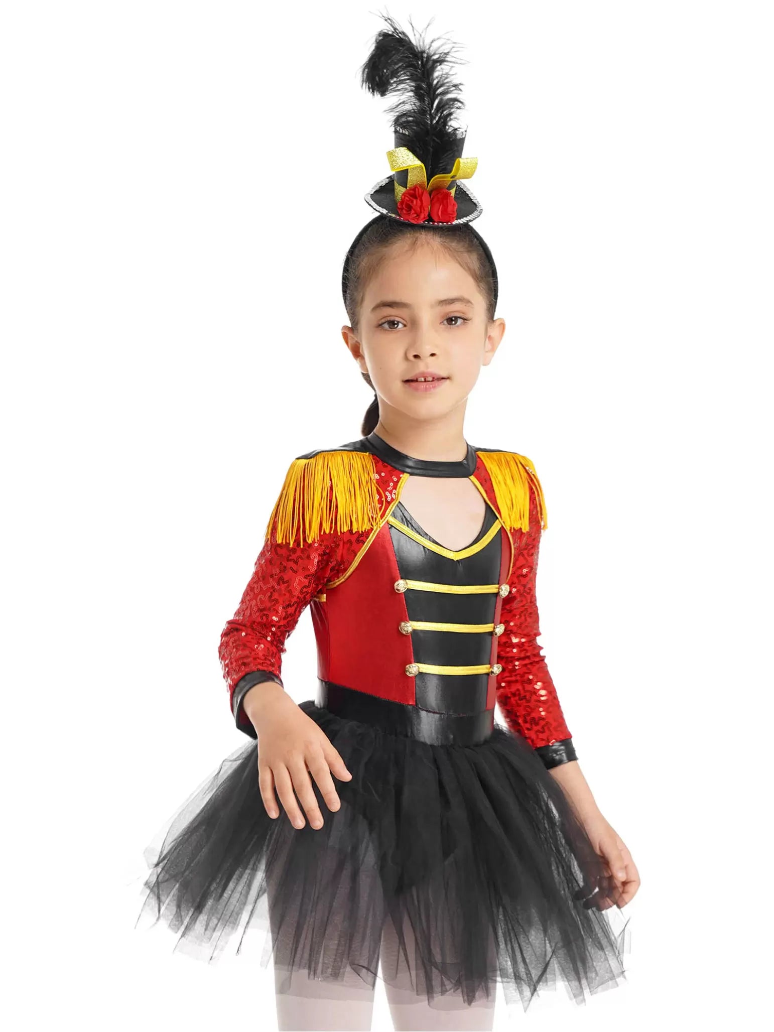 Kids Girls Long Sleeve Sequin Tutu Skirt Magician Circus Dress