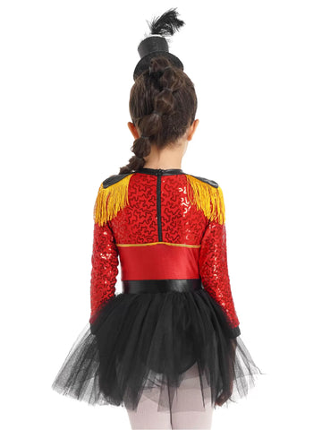 Kids Girls Long Sleeve Sequin Tutu Skirt Magician Circus Dress