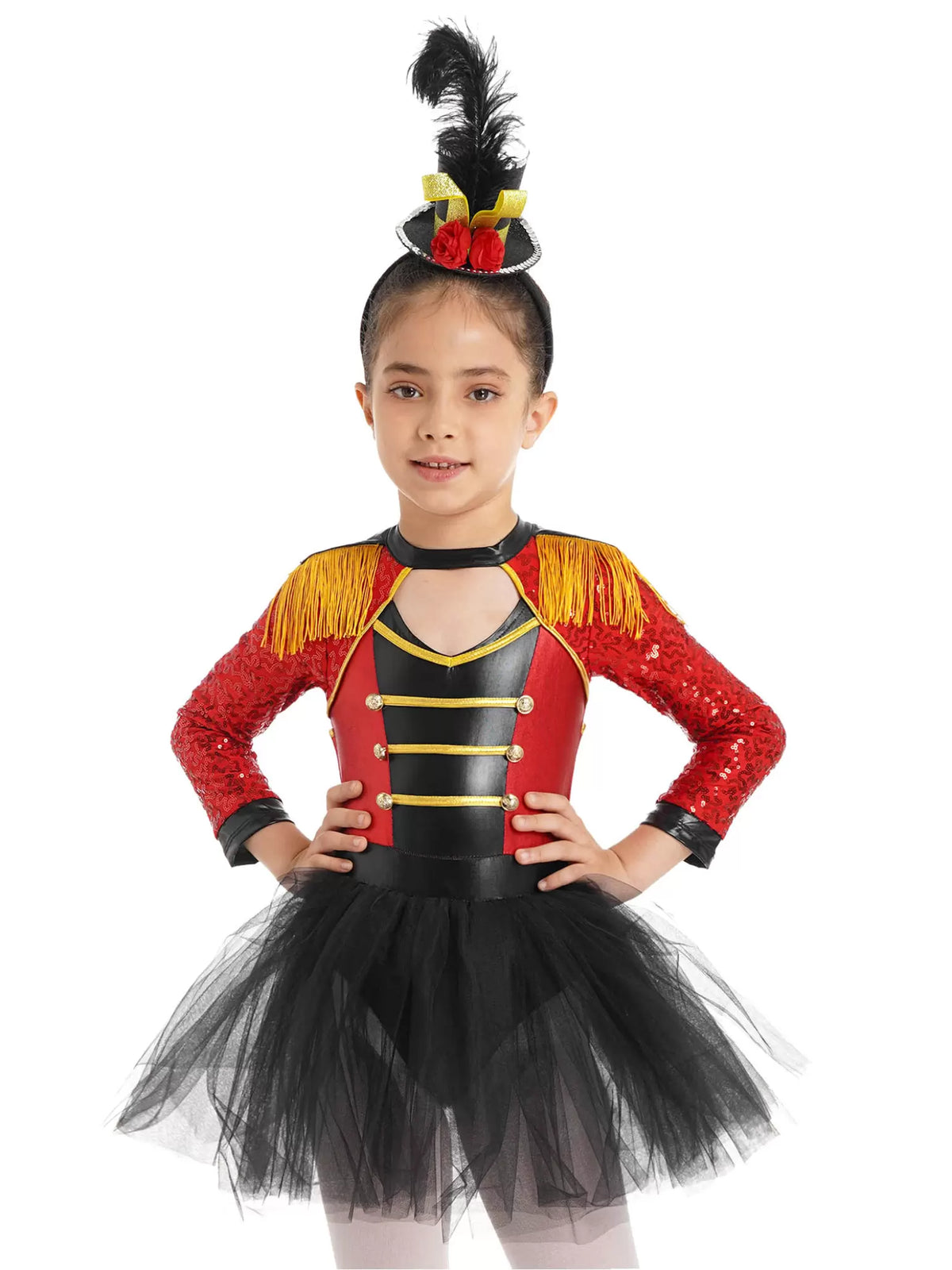 Kids Girls Long Sleeve Sequin Tutu Skirt Magician Circus Dress