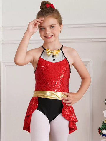 Kids Girls Christmas Sequin Bowknot Leotard Dress