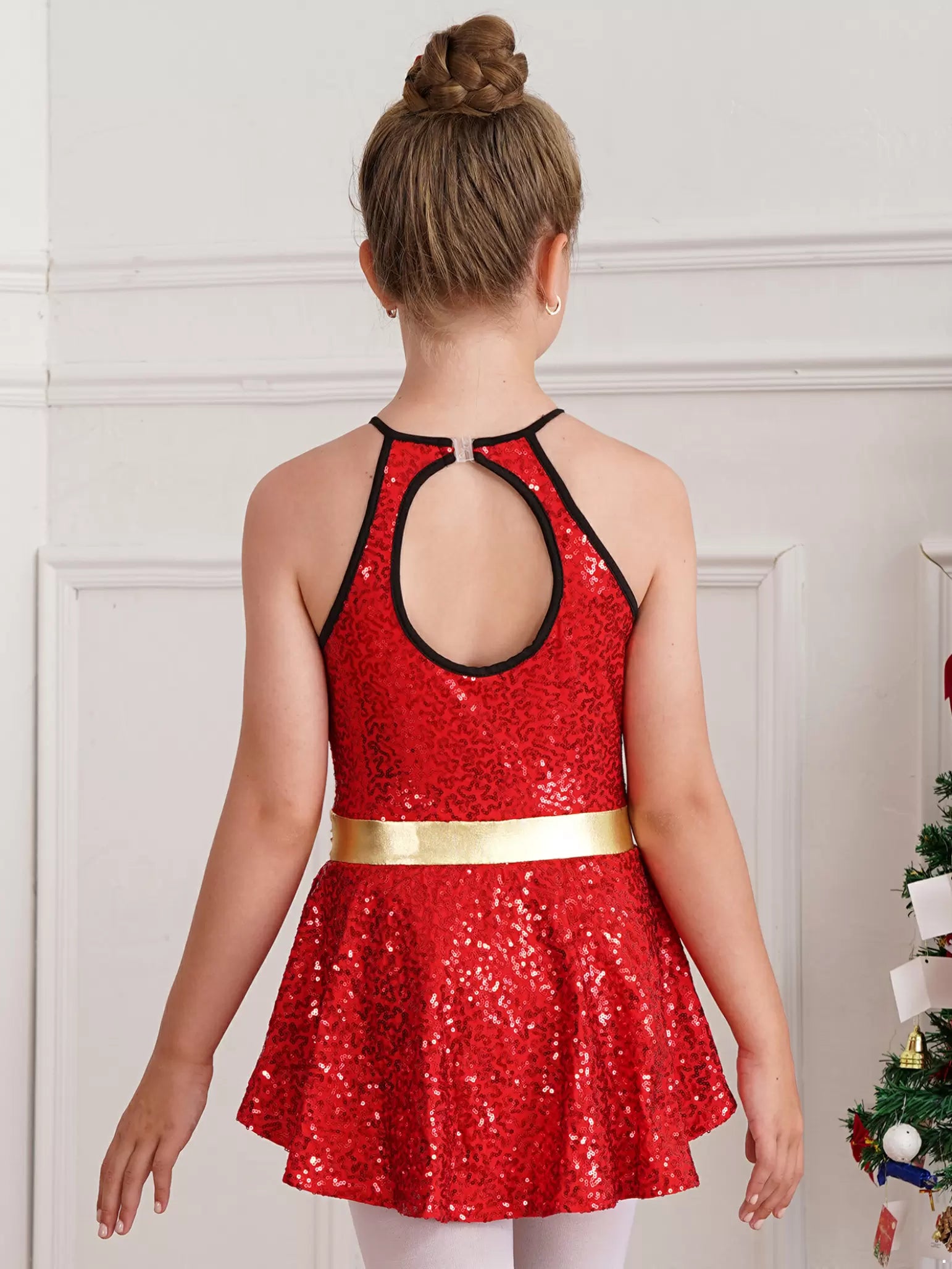 Kids Girls Christmas Sequin Bowknot Leotard Dress