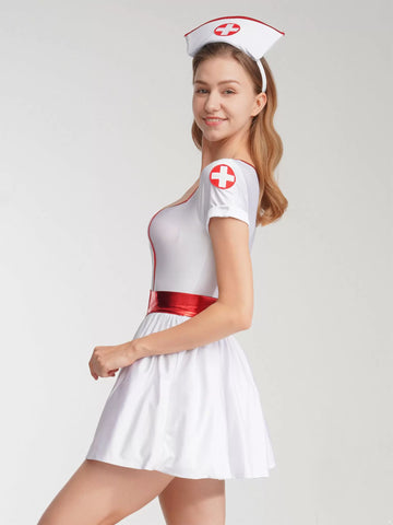 Women Short Sleeves Nurse Costume Tutu Dress with Headband and Belt