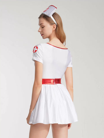 Women Short Sleeves Nurse Costume Tutu Dress with Headband and Belt