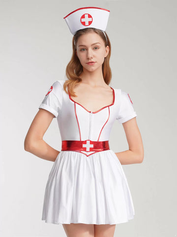 Women Short Sleeves Nurse Costume Tutu Dress with Headband and Belt