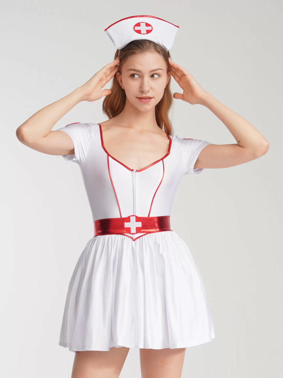 Women Short Sleeves Nurse Costume Tutu Dress with Headband and Belt