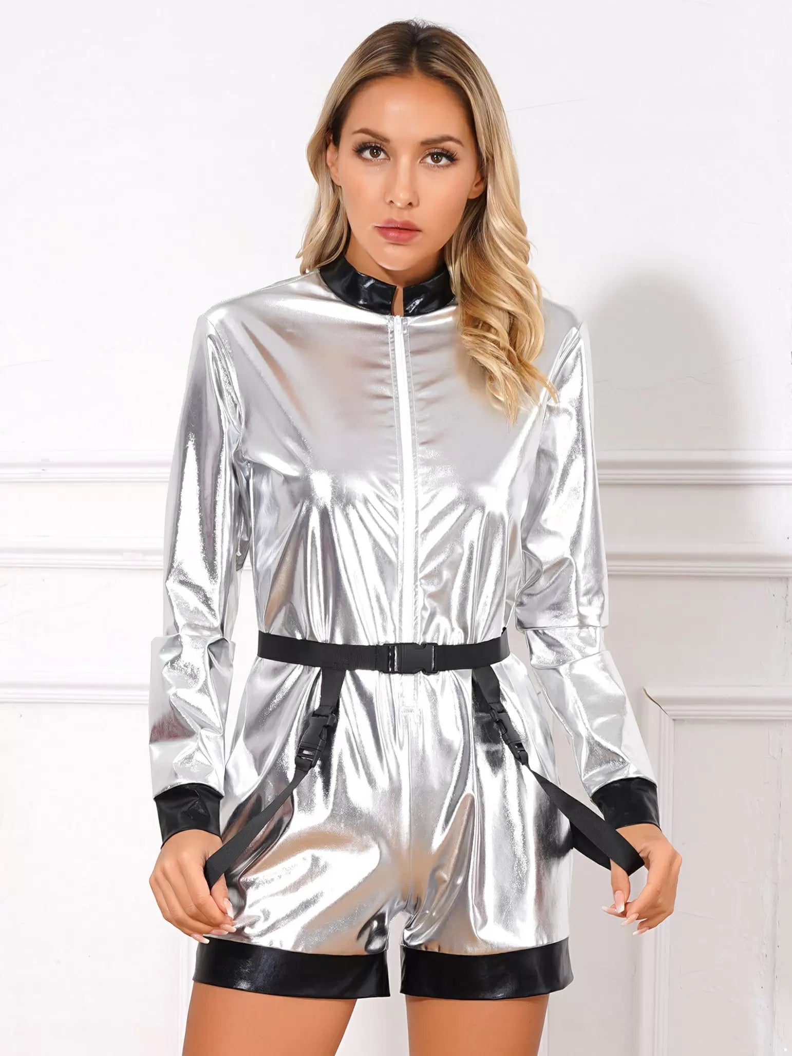 Women Metallic Spaceman Astronaut Jumpsuit with Waist Belt