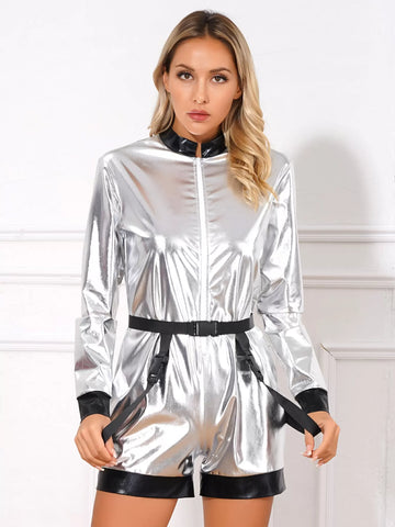 Combinaison d'astronaute métallique Spaceman pour femme avec ceinture