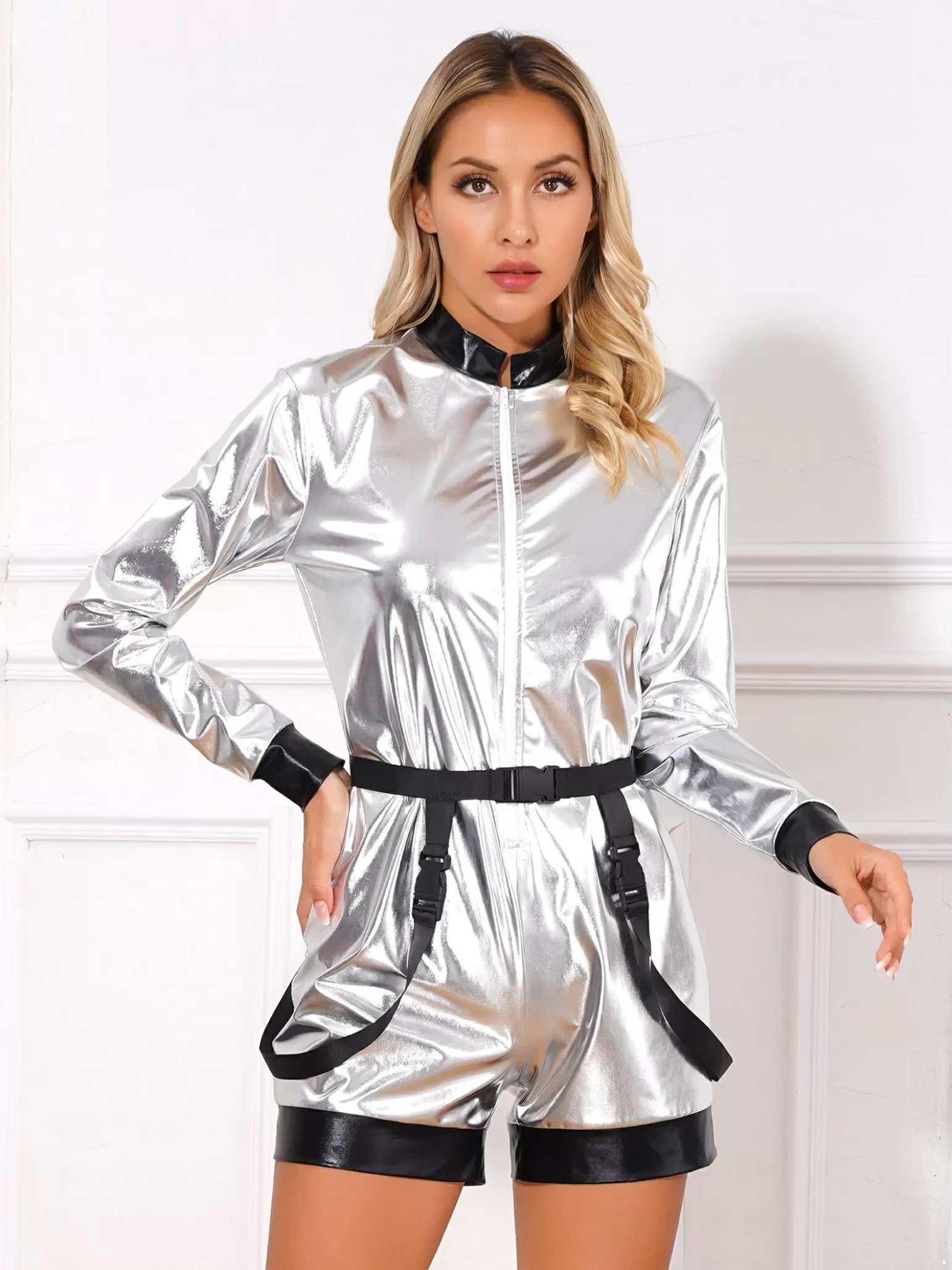 Women Metallic Spaceman Astronaut Jumpsuit with Waist Belt