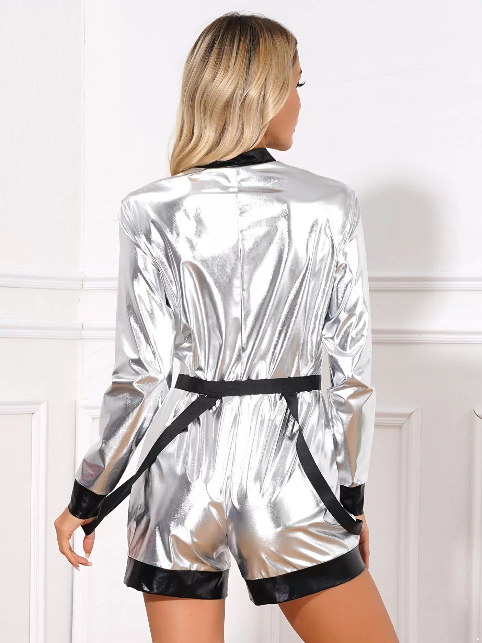 Women Metallic Spaceman Astronaut Jumpsuit with Waist Belt