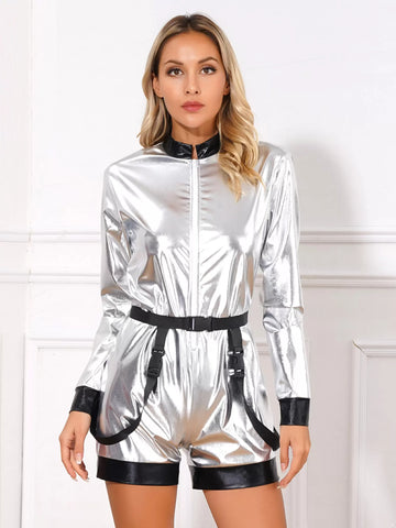 Women Metallic Spaceman Astronaut Jumpsuit with Waist Belt