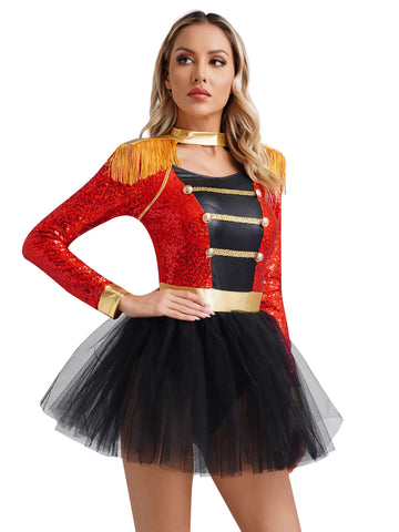 Women Long Sleeve Circus Ringmaster Tutu Leotard Dress