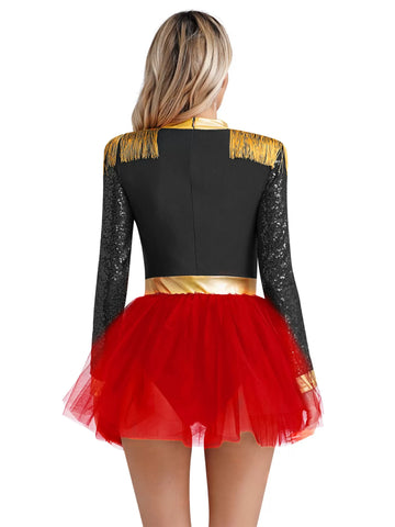 Women Long Sleeve Circus Ringmaster Tutu Leotard Dress