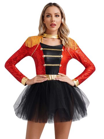 Women Long Sleeve Circus Ringmaster Tutu Leotard Dress