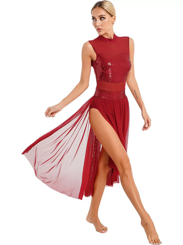 Women Sequin Backless Mesh Lyrical Dance Leotard Dresses